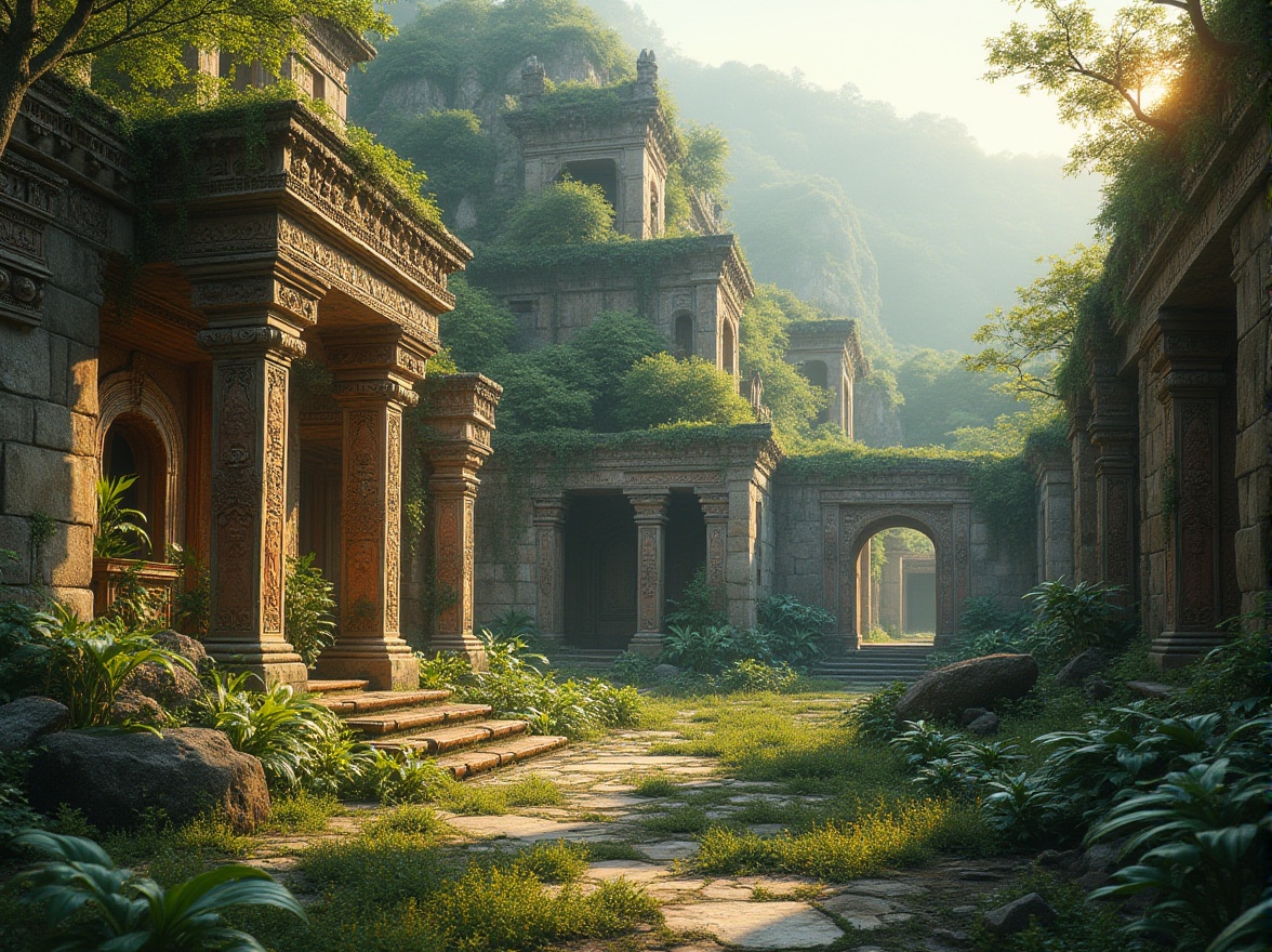 Prompt: Ancient monument ruins, lush greenery, rugged stone walls, ornate carvings, mystical artifacts, fusion architecture, modern sleek lines, metallic accents, glass canopies, vibrant cultural patterns, intricate mosaics, warm golden lighting, shallow depth of field, 1/1 composition, low-angle shot, realistic textures, ambient occlusion, serene atmosphere, historic site integration, natural landscape blending, rolling hills, misty morning, soft sunlight filtering.