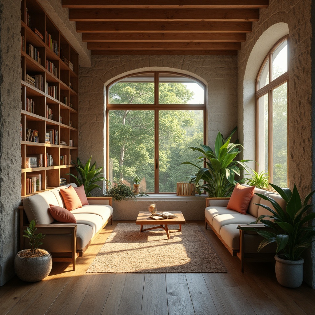 Prompt: Cozy reading nooks, warm wooden accents, large windows, soft natural light, comfortable seating areas, minimalist decor, earthy tones, stone walls, greenery, bookshelves, rustic wood floors, calming atmosphere, diffused sunlight, warm color temperatures, 1/1 composition, shallow depth of field, realistic textures.