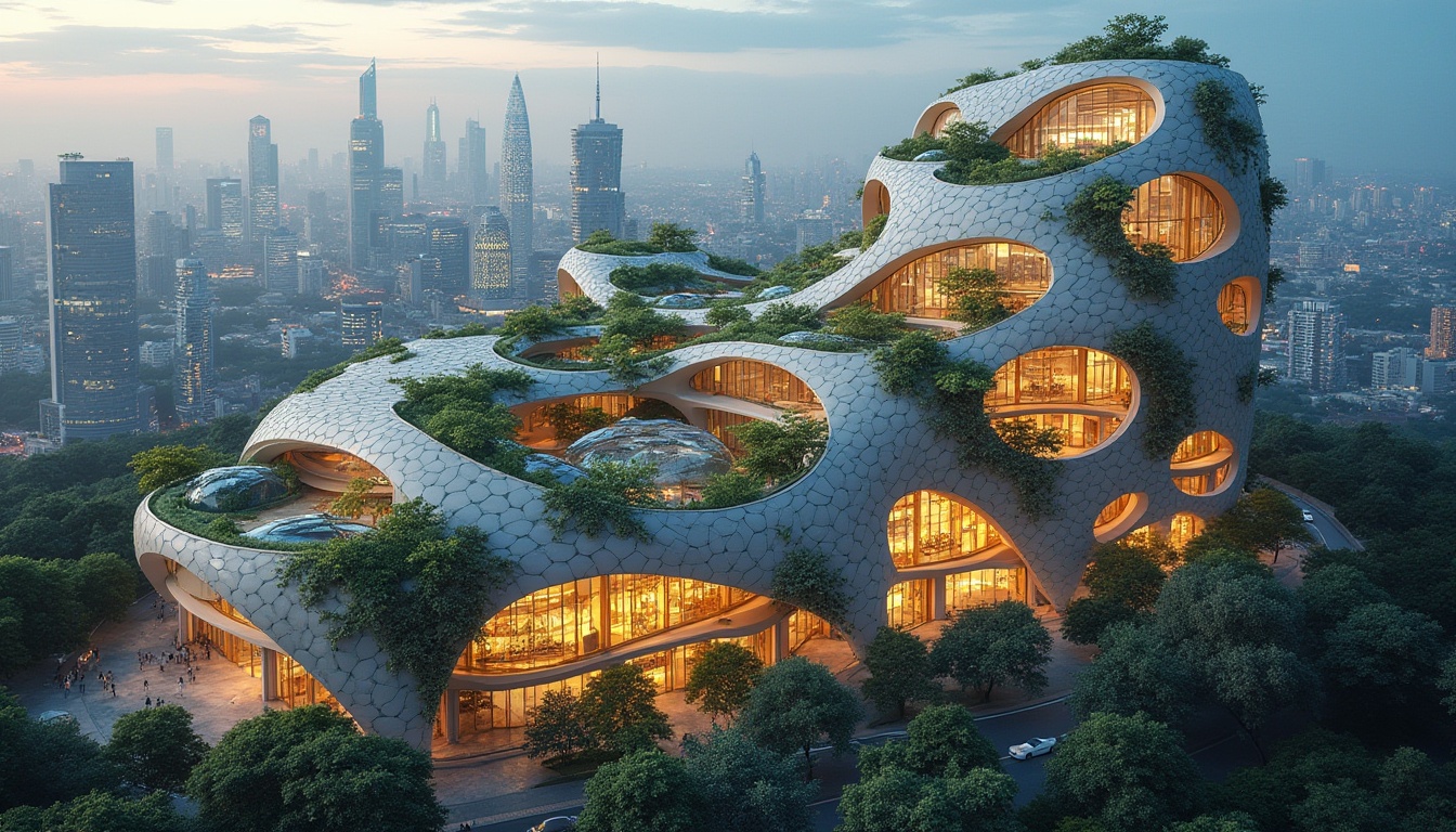 Prompt: Organic building facade, wavy curves, biomimetic patterns, green walls, living roofs, photovoltaic tiles, translucent canopies, iridescent materials, adaptive shading systems, responsive climate control, natural ventilation, double-glazed windows, parametric design, algorithmic architecture, futuristic urban landscape, vibrant city lights, dynamic reflections, 1/2 composition, high-angle shot, cinematic lighting, detailed textures, realistic ambient occlusion.