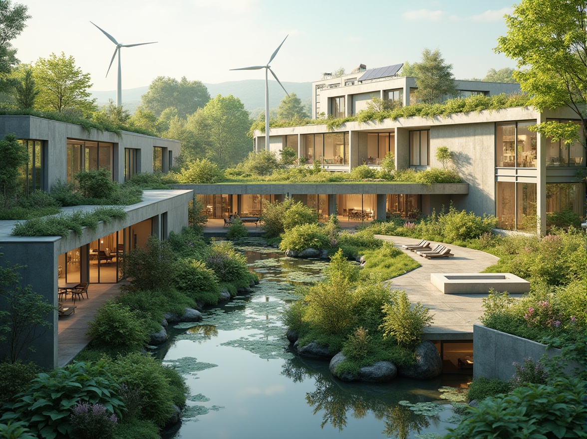 Prompt: Eco-friendly healthcare facility, green roofs, living walls, natural ventilation systems, large windows, abundant daylight, minimalist interior design, recycled materials, energy-efficient equipment, solar panels, wind turbines, rainwater harvesting systems, organic gardens, serene courtyards, peaceful water features, calming natural colors, soft warm lighting, shallow depth of field, 3/4 composition, panoramic view, realistic textures, ambient occlusion.Note