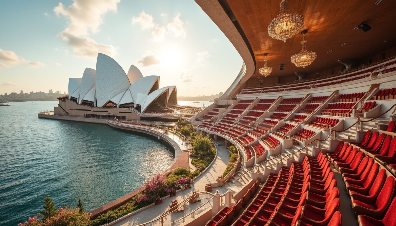 Prompt: Sydney Opera House, majestic waterfront, sailboat-inspired roof, gleaming white concrete, panoramic harbor views, sweeping staircases, grand concert halls, plush red velvet seats, intricate wooden paneling, dramatic chandeliers, soft warm lighting, shallow depth of field, 3/4 composition, realistic textures, ambient occlusion, lush greenery, natural stone walkways, blooming flowers, sunny day.