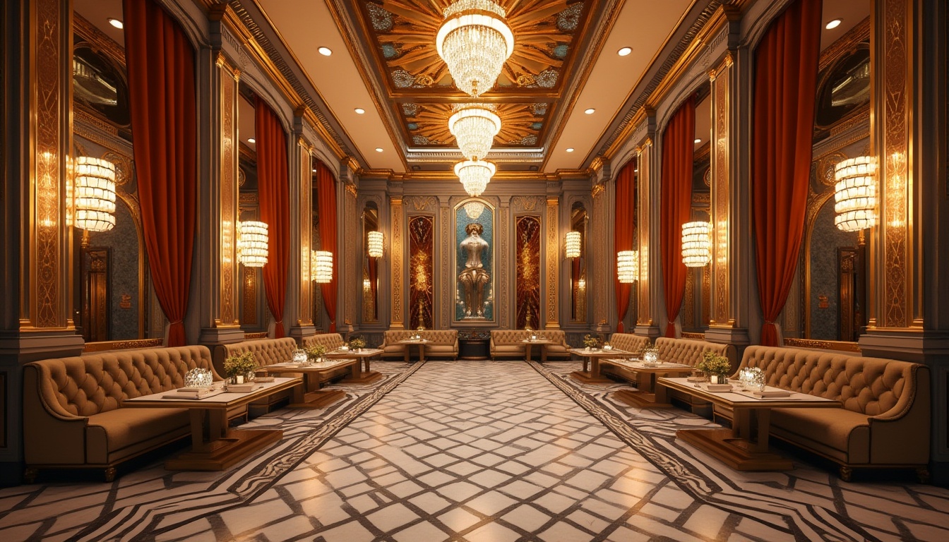 Prompt: Luxurious Art Deco building, metallic accents, ornate geometric patterns, sunburst motifs, chevron designs, zigzag lines, stepped silhouettes, lavish furnishings, velvet drapes, marble floors, crystal chandeliers, gilded mirrors, intricate moldings, bold typography, vibrant colors, opulent materials, glamorous ambiance, soft golden lighting, shallow depth of field, 1/1 composition, realistic textures, ambient occlusion.