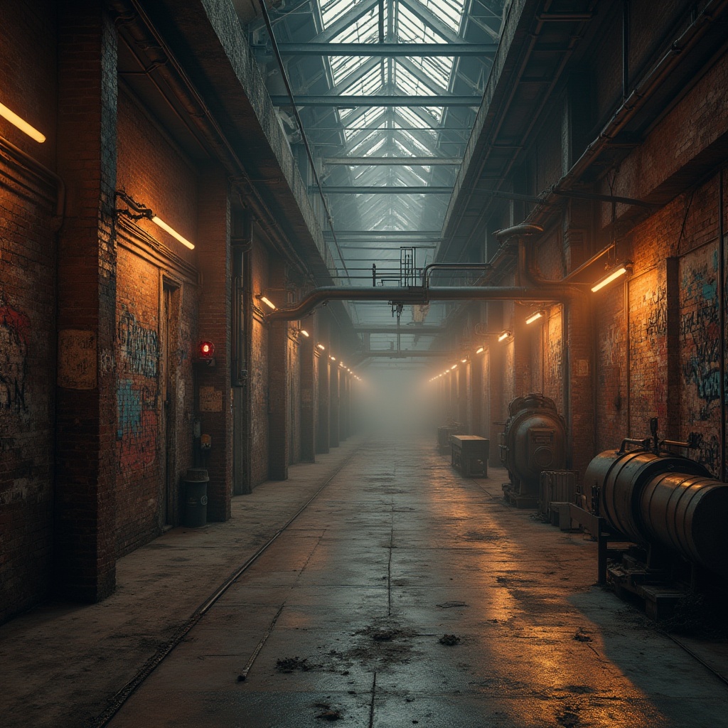 Prompt: Rustic industrial landscape, abandoned factory buildings, worn brick walls, metallic machinery, exposed ductwork, concrete floors, steel beams, industrial lighting fixtures, futuristic neon signs, cyberpunk-inspired graffiti, dystopian atmosphere, dense fog, warm golden lighting, high contrast ratio, 1/1 composition, dramatic shadows, realistic rust textures, ambient occlusion.