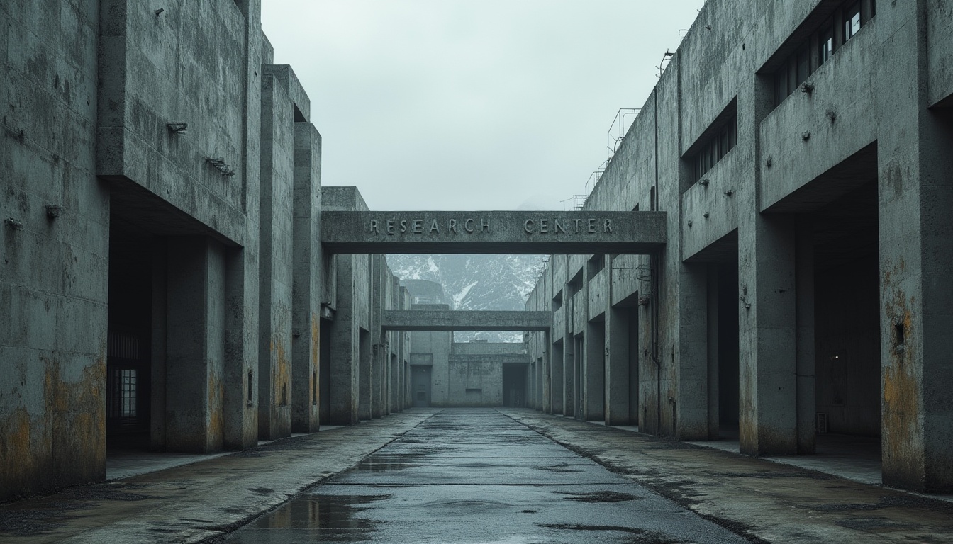 Prompt: Raw concrete buildings, rugged textures, fortress-like architecture, research center signage, brutalist design elements, geometric patterns, industrial materials, steel beams, exposed ductwork, minimalist aesthetics, functional simplicity, urban cityscape, overcast sky, dramatic shadows, high-contrast lighting, 1/1 composition, symmetrical framing, abstract reflections, moody atmosphere, intricate details, futuristic ambiance.