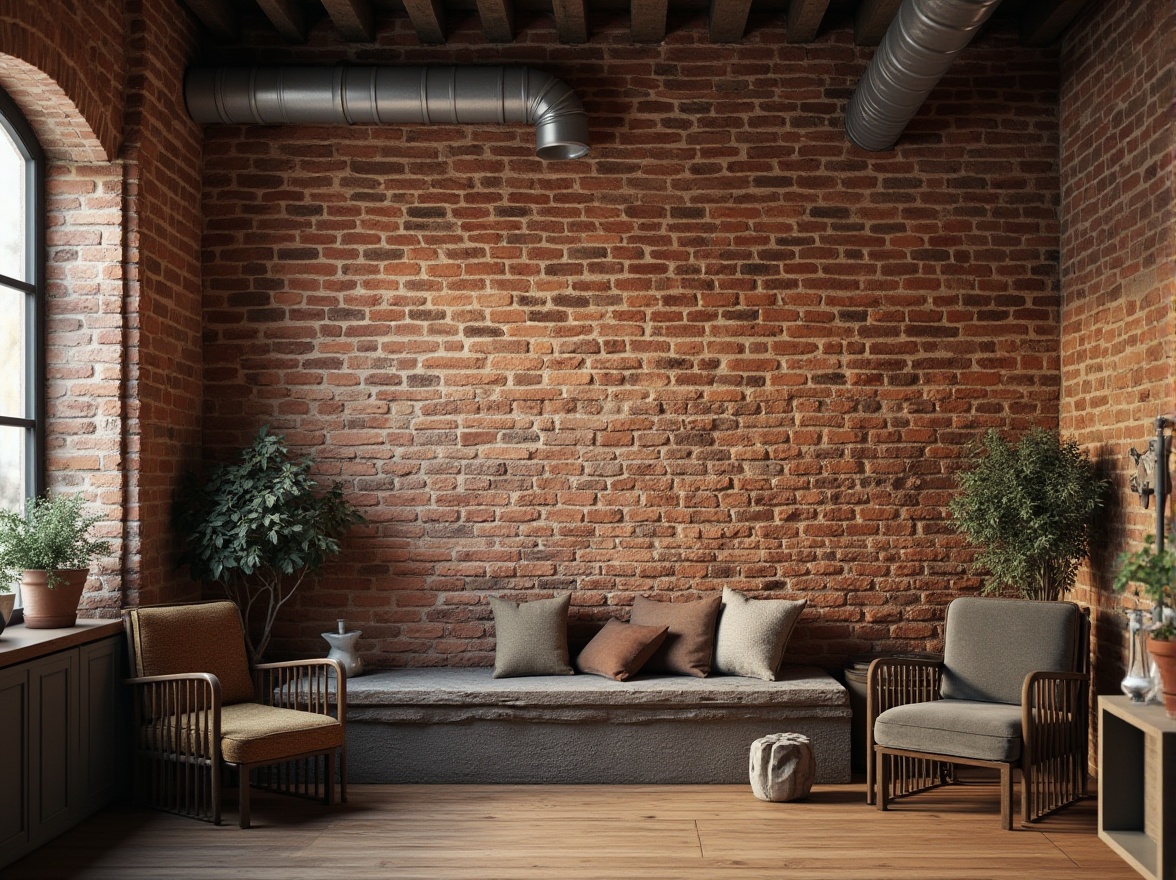 Prompt: Distressed brick walls, rustic stone textures, earthy tones, natural materials, organic forms, industrial chic, urban lofts, exposed ductwork, metal beams, reclaimed wood accents, vintage decorative items, warm ambient lighting, shallow depth of field, 1/1 composition, realistic rendering, atmospheric perspective.