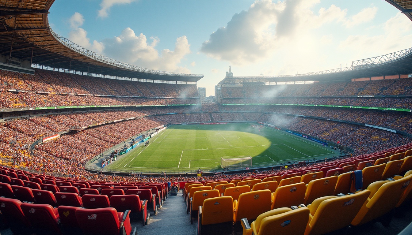 Prompt: Contemporary stadium design, tiered seating layout, comfortable cushioned chairs, vibrant team colors, metallic railings, sleek LED lighting, atmospheric misting systems, shaded upper decks, panoramic city views, curved architectural lines, dynamic crowd simulations, realistic audience reactions, warm sunny day, soft natural light, shallow depth of field, 3/4 composition.