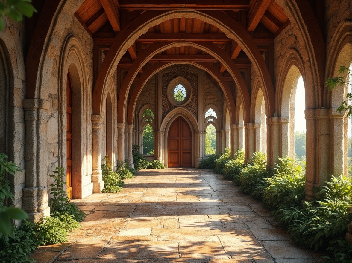 Prompt: Undulating stone fa\u00e7ade, curved wooden beams, vaulted ceilings, stained glass windows, ornate carvings, intricate mosaics, natural light pouring in, warm earthy tones, rustic textures, lush greenery surroundings, serene atmosphere, soft diffused lighting, shallow depth of field, 3/4 composition, realistic render, ambient occlusion.