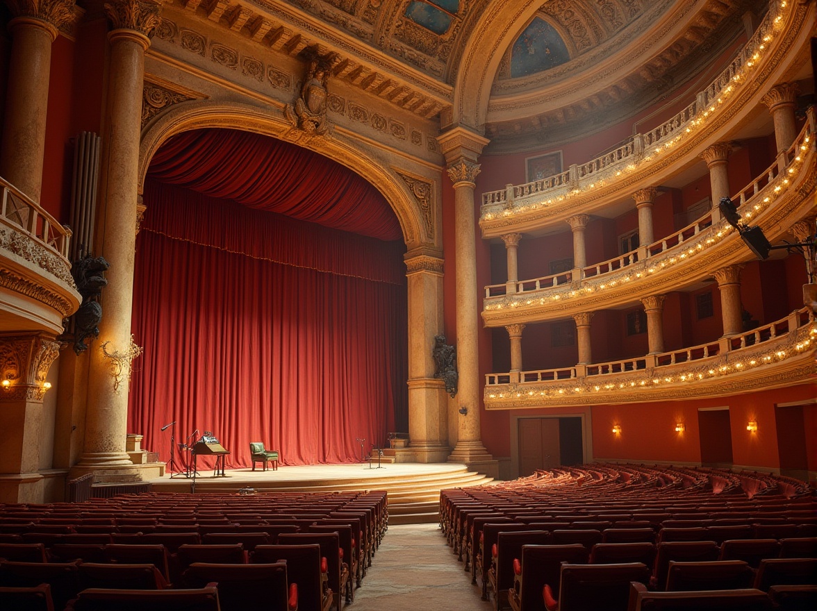 Prompt: Ancient Roman-style amphitheater, grandiose arches, ornate columns, travertine stone walls, red velvet curtains, gilded decorations, wooden benches, elevated stage, acoustic soundboards, microphone stands, spotlights, warm golden lighting, shallow depth of field, 3/4 composition, panoramic view, realistic textures, ambient occlusion.