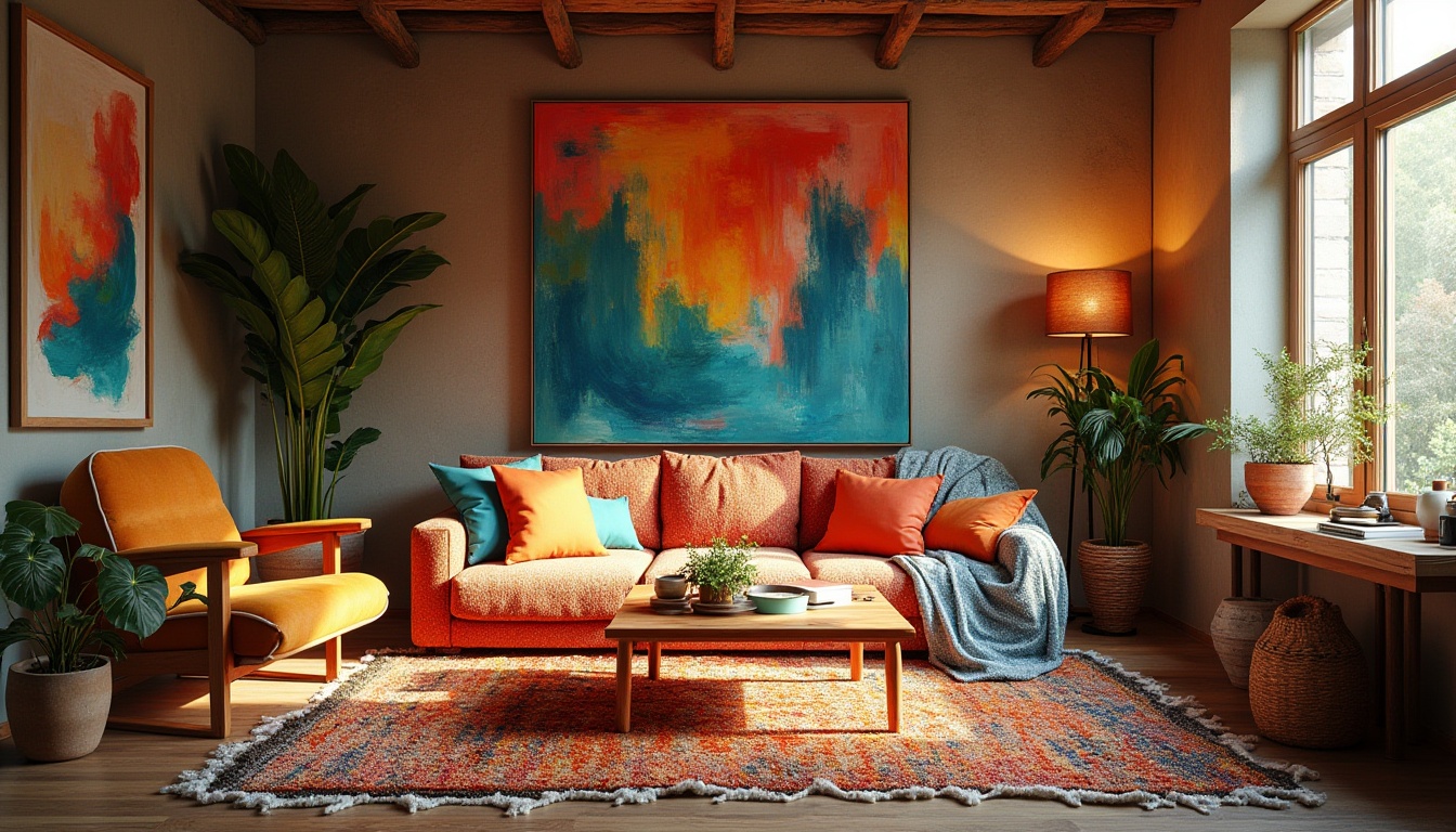 Prompt: Vibrant artistic studio, abstract paintings, eclectic furniture, bohemian decor, rich wood tones, bold colorful accents, textured rugs, plush throw pillows, natural light pouring in, warm cozy atmosphere, shallow depth of field, 1/1 composition, soft warm lighting, realistic textures, ambient occlusion.