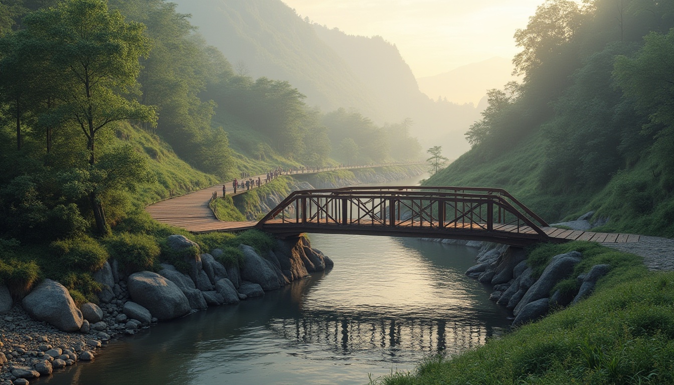 Prompt: Rustic steel bridge, wooden planks, winding riverbank, lush vegetation, rocky outcrops, serene water reflections, misty morning atmosphere, soft warm lighting, shallow depth of field, 3/4 composition, panoramic view, realistic textures, ambient occlusion, organic curves, natural stone abutments, verdant slopes, meandering pedestrian paths, cycling routes, scenic lookout points, interpretive signage, environmental sustainability, eco-friendly materials, innovative drainage systems.