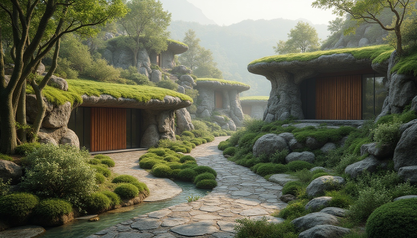 Prompt: Seamless landscape integration, organic curves, natural stone walls, lush green roofs, native plant species, meandering pathways, weathered wood accents, earthy color palette, rustic metal features, soft warm lighting, misty morning atmosphere, shallow depth of field, 1/1 composition, realistic textures, ambient occlusion.