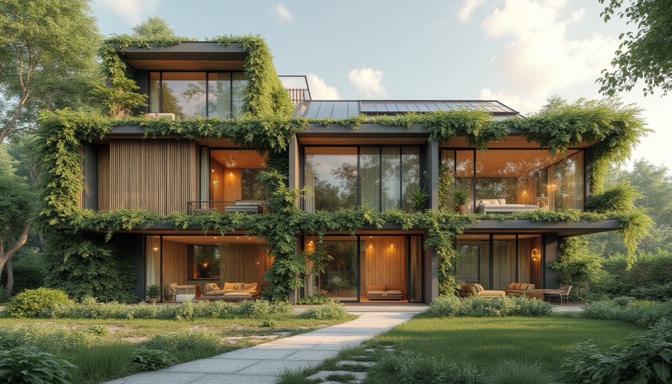 Prompt: Eco-friendly building, reclaimed wood facades, living green walls, solar panels, wind turbines, rainwater harvesting systems, recycled metal structures, low-carbon concrete, bamboo flooring, natural fiber textiles, energy-efficient windows, double glazing, insulated roofing, minimalist decor, organic shapes, earthy color palette, serene ambiance, soft natural lighting, shallow depth of field, 3/4 composition, panoramic view, realistic textures, ambient occlusion.