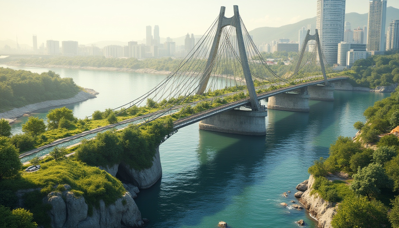 Prompt: Eco-friendly bridge structure, curved lines, green roofs, solar panels, wind turbines, water conservation systems, recycled materials, minimal environmental impact, natural stone foundations, steel arches, cable-stayed design, suspension bridges, modern architecture, urban cityscape, riverbank setting, sunny day, soft warm lighting, shallow depth of field, 3/4 composition, panoramic view, realistic textures, ambient occlusion.