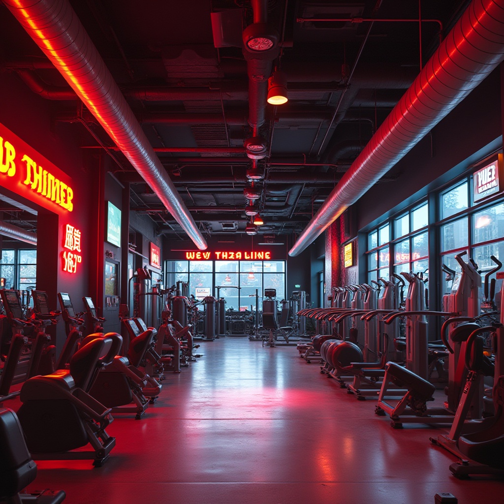 Prompt: Vibrant fitness club interior, bold red accents, energetic yellow tones, calming blue hues, sleek metallic equipment, modern industrial design, polished concrete floors, neon-lit signage, motivational quotes, high-contrast lighting, dynamic shadows, 1/2 composition, shallow depth of field, realistic textures, ambient occlusion.