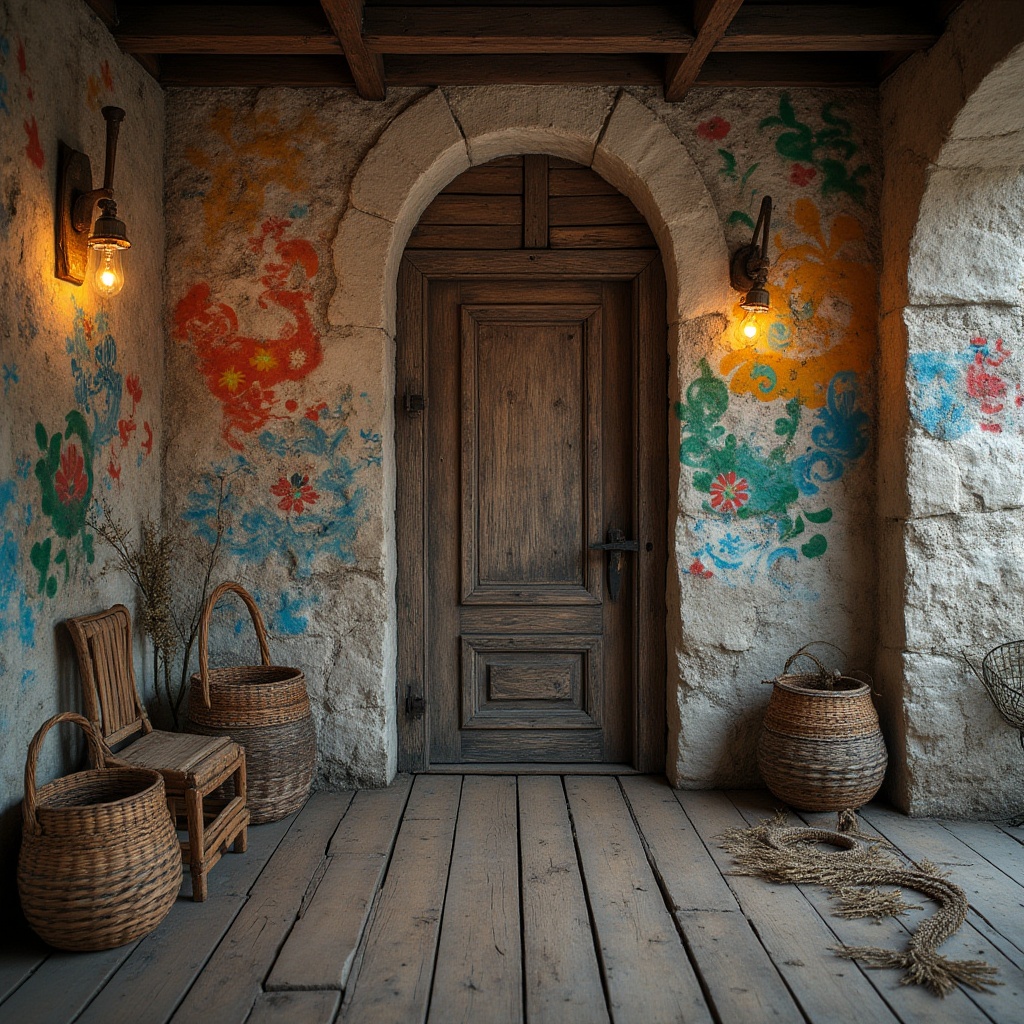 Prompt: Rustic wooden planks, distressed metal sheets, rough stone walls, vibrant graffiti murals, eclectic patterned tiles, ornate carved details, weathered concrete facades, richly textured fabrics, intricately woven baskets, warm ambient lighting, shallow depth of field, 1/1 composition, realistic material responses, cinematic color grading.