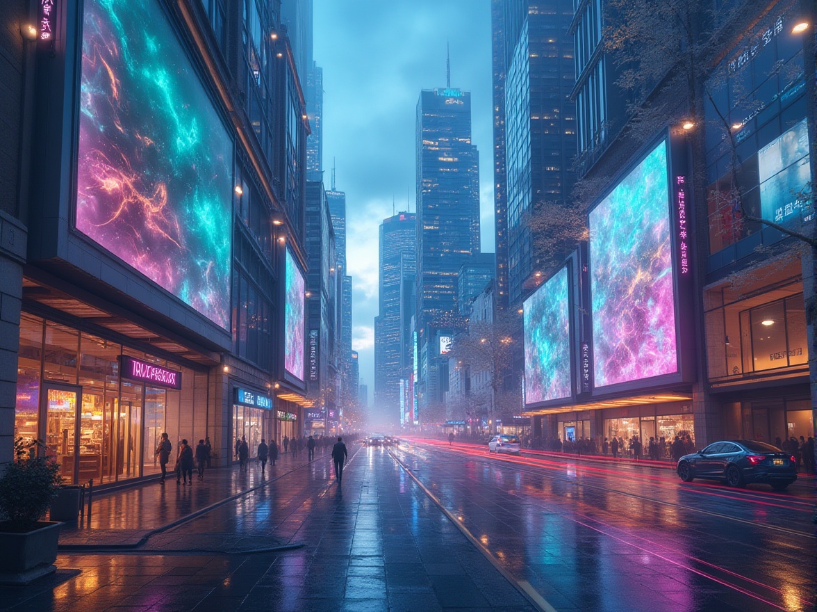 Prompt: Ethereal glass facades, iridescent colors, shimmering reflections, sleek metallic frames, minimalist ornamentation, futuristic urban landscape, bustling city streets, vibrant neon lights, misty evening atmosphere, softbox lighting, 1/2 composition, cinematic depth of field, high-contrast textures, ambient occlusion.