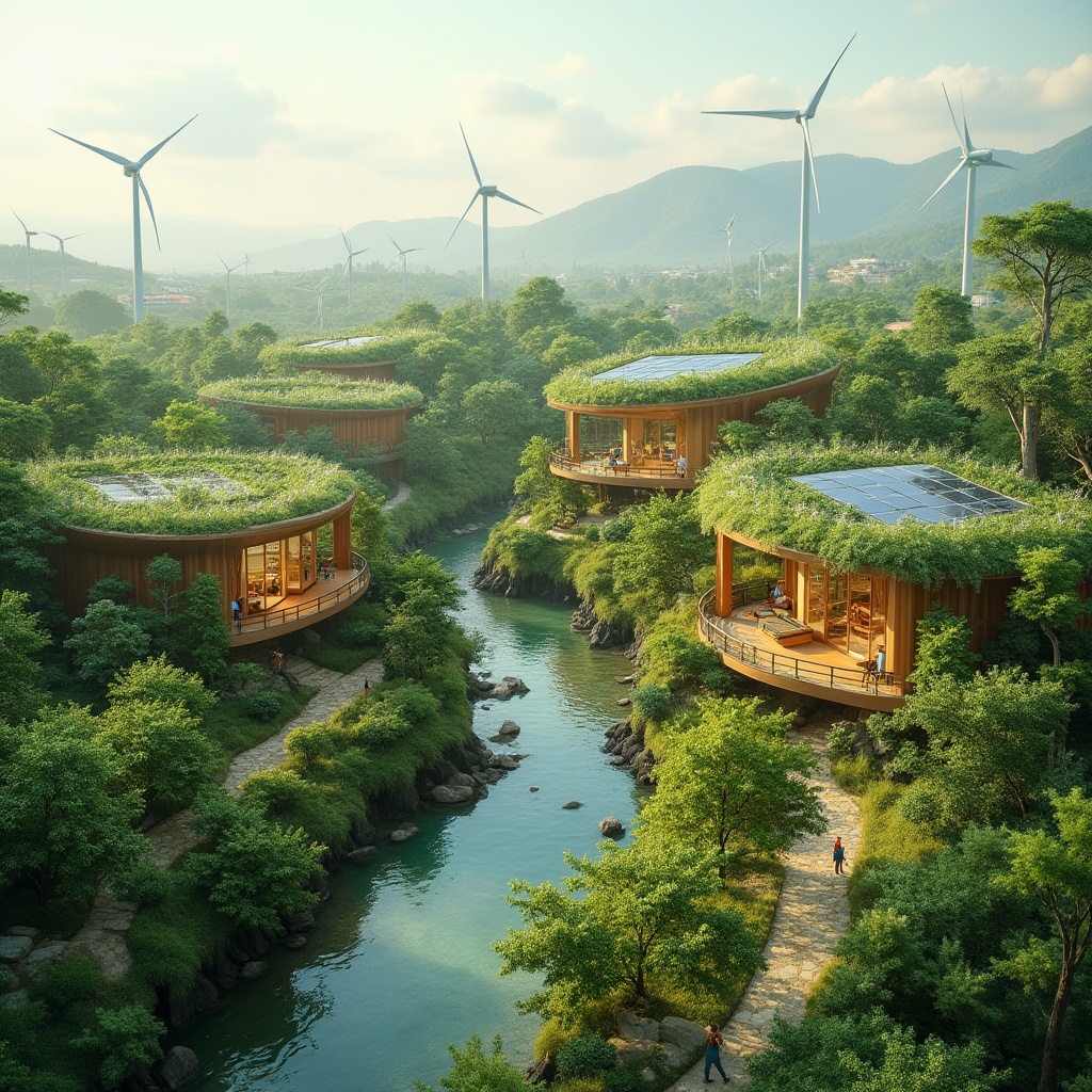 Prompt: Eco-friendly buildings, lush green roofs, solar panels, wind turbines, recycled materials, natural ventilation systems, energy-efficient lighting, sustainable water management, organic gardens, native plant species, serene outdoor spaces, peaceful atmosphere, soft natural light, shallow depth of field, 3/4 composition, panoramic view, realistic textures, ambient occlusion.