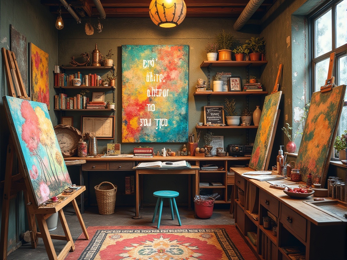 Prompt: Vibrant artistic studio, eclectic bohemian decor, bold brushstrokes, textured canvases, artistic easels, colorful palettes, inspiring quotes, natural wood accents, industrial metal shelves, cozy reading nooks, warm soft lighting, shallow depth of field, 3/4 composition, panoramic view, realistic textures, ambient occlusion.