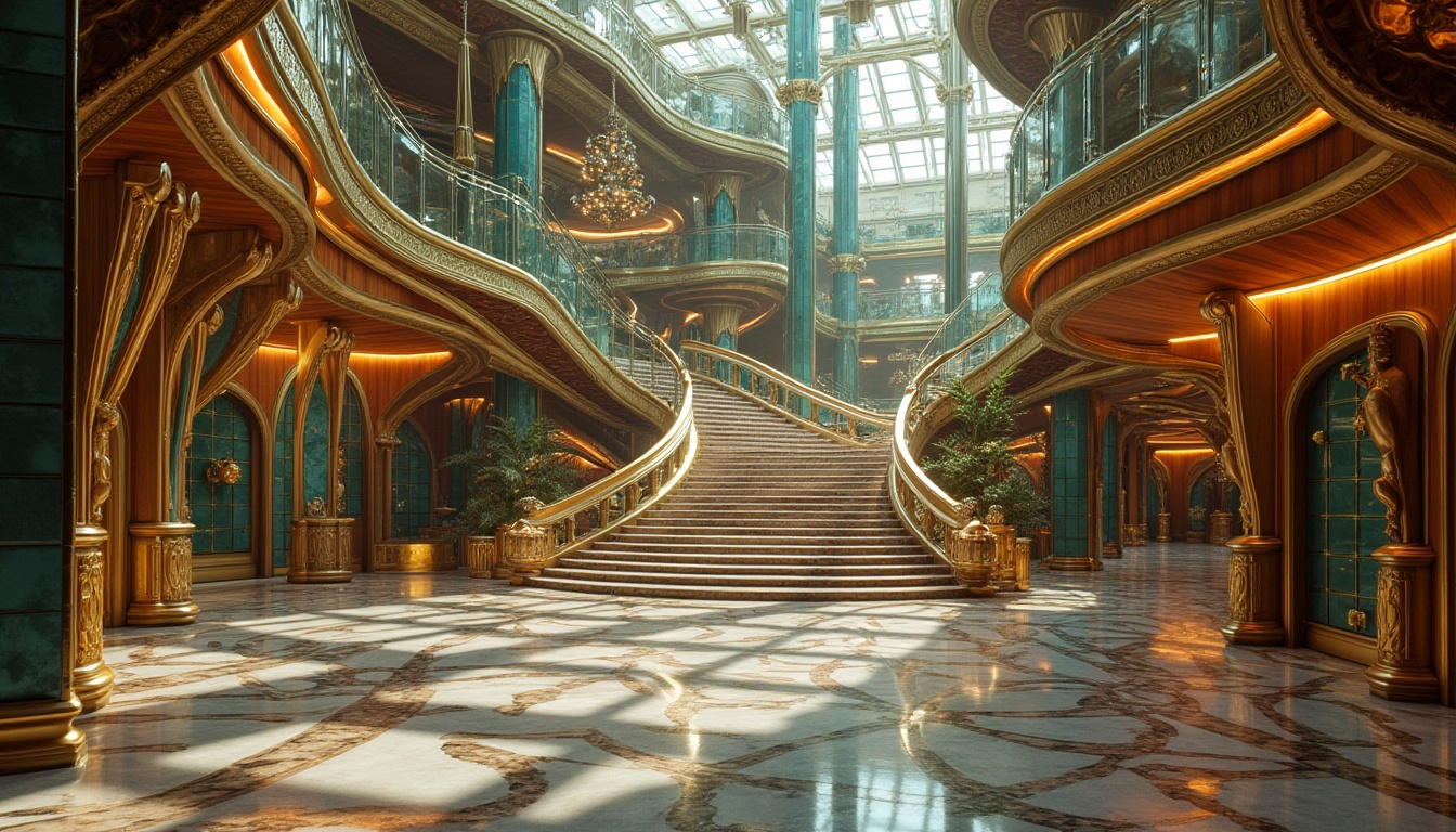 Prompt: Luxurious science center, polished bronze accents, sleek metallic surfaces, geometric patterned marble floors, ornate chandeliers, rich wood paneling, vibrant turquoise glass tiles, lavish velvet drapes, intricate metalwork, sculptural decorations, opulent furnishings, dramatic staircases, grandiose atriums, warm golden lighting, soft focus photography, 1/1 composition, symmetrical framing, realistic reflections, ambient occlusion.