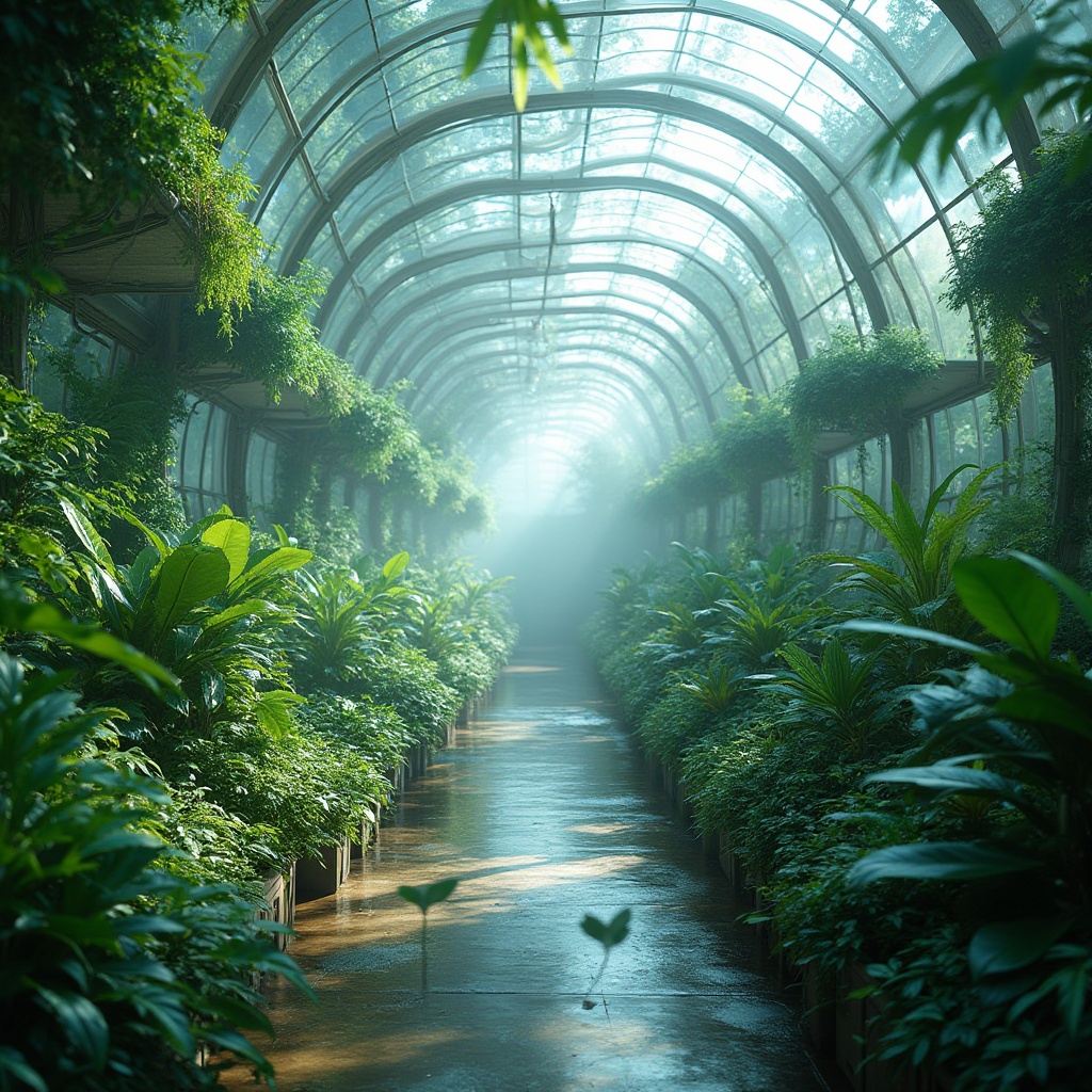 Prompt: Futuristic greenhouse, lush tropical plants, misty atmosphere, self-sustaining ecosystem, hydroponic systems, LED grow lights, organic fertilizer, rainwater harvesting, solar panels, wind turbines, recycled materials, zero-carbon footprint, minimal waste, maximized natural light, open-air ventilation, futuristic curves, transparent glass fa\u00e7ade, iridescent colors, neon accents, ambient occlusion, shallow depth of field, 3/4 composition, panoramic view.