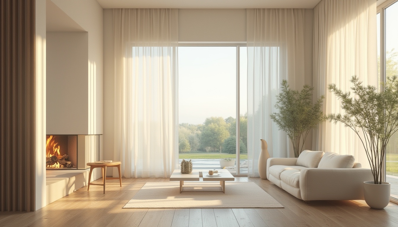 Prompt: Ethereal interior, translucent walls, soft diffused light, delicate fabric textures, subtle color palette, minimalist decor, sleek modern furniture, polished wooden floors, greenery views, natural stone accents, ambient warm lighting, shallow depth of field, 1/2 composition, realistic reflections, atmospheric scattering.