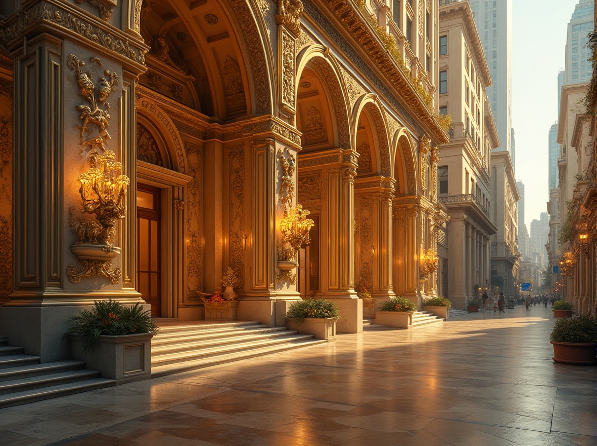 Prompt: Luxurious golden fa\u00e7ade, ornate details, symmetrical architecture, grand entrance, opulent materials, lavish decorations, warm ambient lighting, shallow depth of field, 1/2 composition, realistic reflections, subtle gradations, afternoon sunlight, urban cityscape, busy streets, modern skyscrapers.