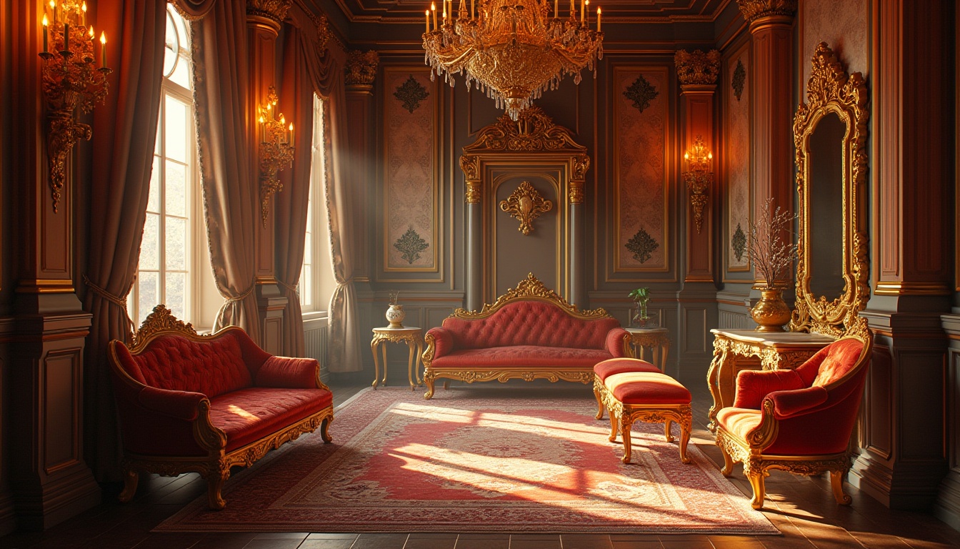 Prompt: Opulent baroque interior, rich gold accents, intricate carvings, ornate furnishings, lavish fabrics, jewel-toned velvet drapes, warm golden lighting, soft focus, shallow depth of field, 1/2 composition, realistic textures, ambient occlusion.