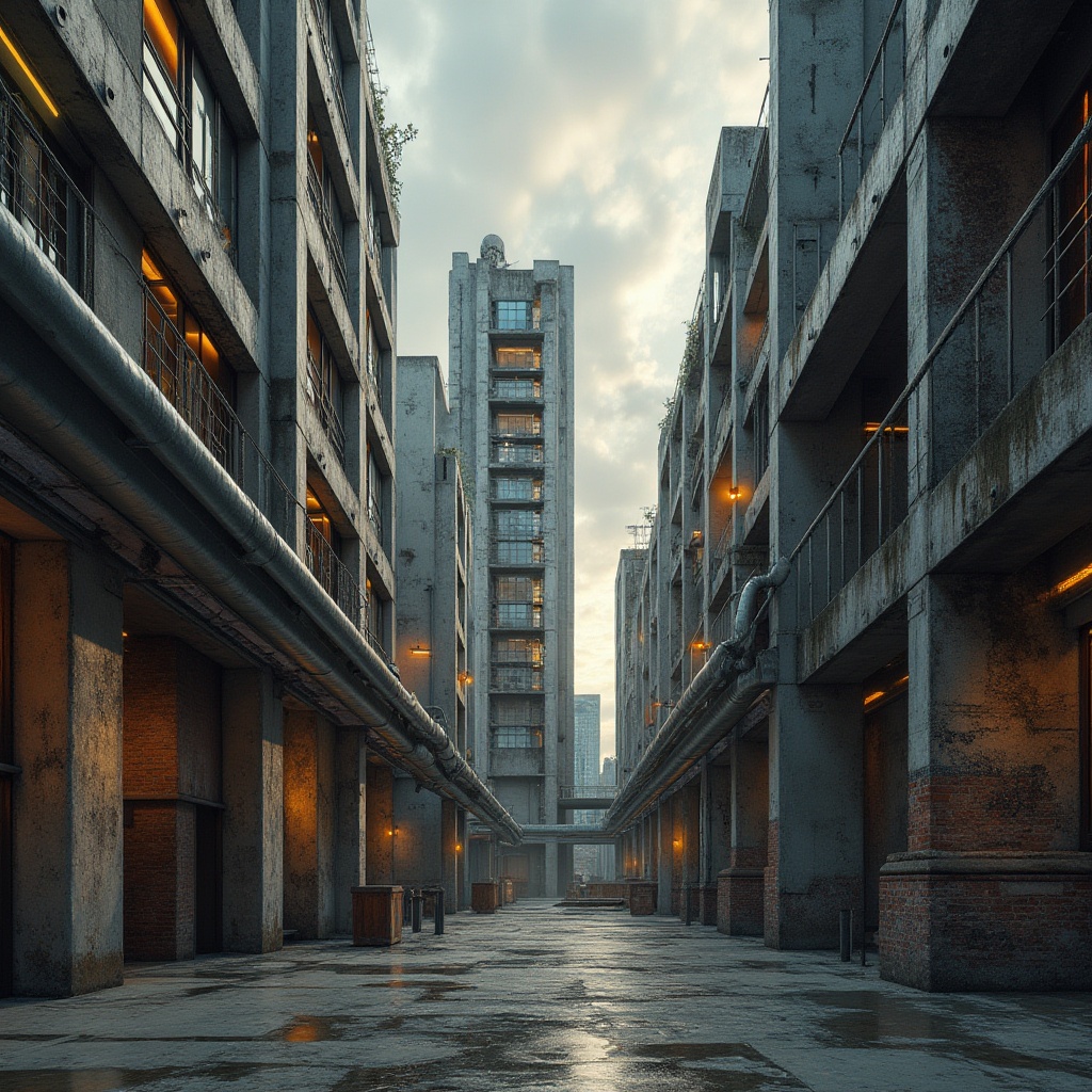 Prompt: Geometric concrete forms, metallic grids, industrial pipes, distressed wood accents, exposed brick walls, brutalist architecture, urban cityscape, moody cloudy sky, dramatic warm lighting, high-contrast shadows, abstract geometric patterns, bold primary colors, futuristic mechanical details, intricate rivet textures, cold industrial atmosphere, 1/1 composition, low-angle shot, realistic material rendering.