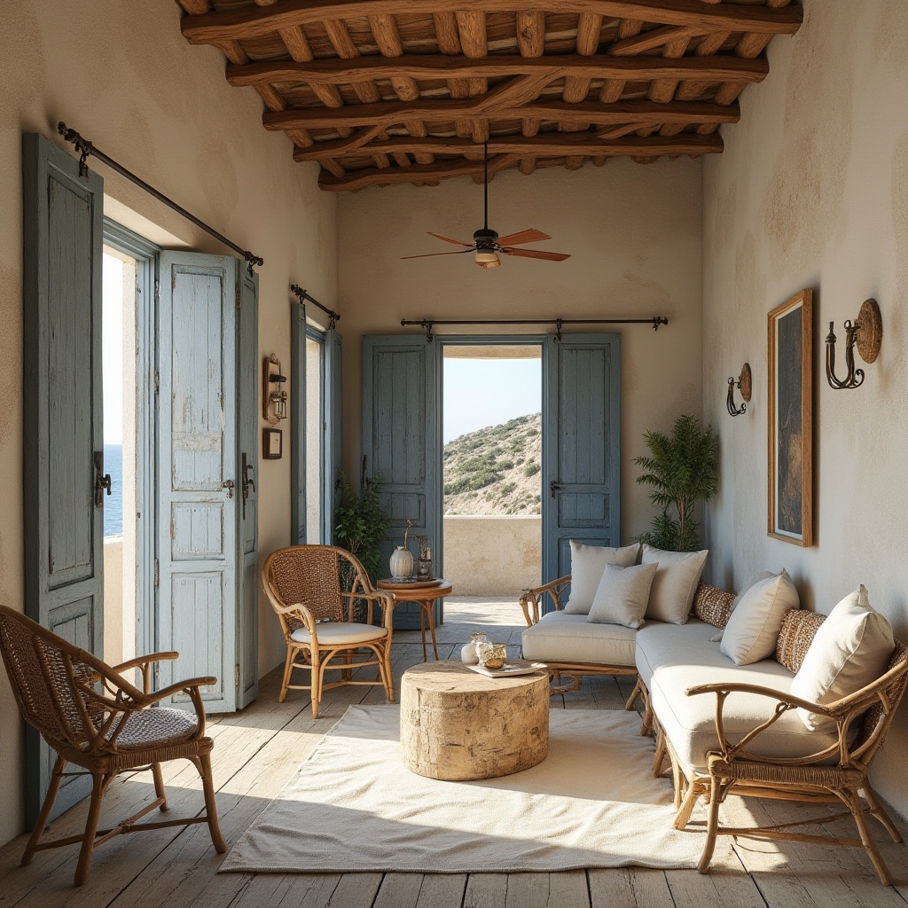 Prompt: Mediterranean coastal villa, navy blue accents, sandy stone walls, rustic wooden doors, weathered metal fixtures, driftwood decor, woven rattan furniture, soft beige upholstery, natural linen fabrics, distressed wood flooring, warm golden lighting, shallow depth of field, 1/1 composition, realistic textures, ambient occlusion.