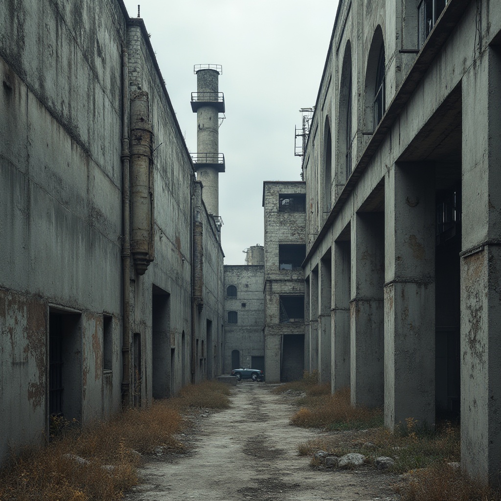 Prompt: Rugged concrete structures, brutalist fa\u00e7ades, industrial materials, raw textures, exposed ductwork, metallic beams, reclaimed wood accents, urban landscapes, overcast skies, dramatic shadows, high-contrast lighting, 1/1 composition, symmetrical framing, muted color palette, distressed finishes, weathered stone walls, fortress-like buildings, monumental scale, imposing presence, atmospheric misting.