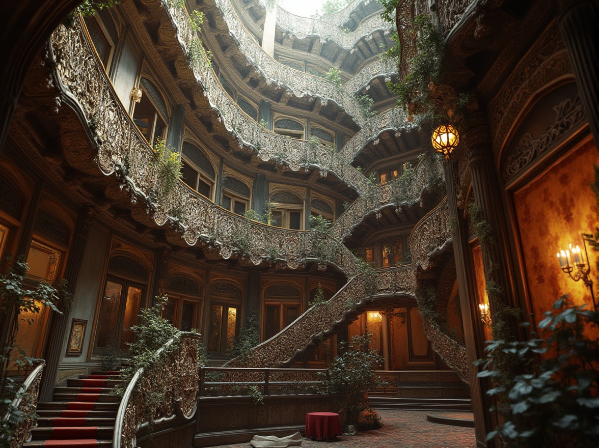 Prompt: Intricate ironwork balconies, flowing organic lines, ornate facades, curved windows, botanical motifs, luxurious velvet textiles, rich wood paneling, grand staircase, ornamental moldings, gilded accents, soft warm lighting, shallow depth of field, 3/4 composition, realistic textures, ambient occlusion, urban cityscape, early 20th-century architecture, communal gardens, walk-up apartments, social housing complex.