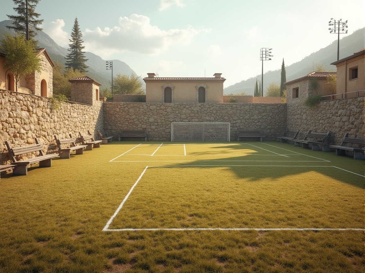 Prompt: Rustic sports field, natural grass, weathered stone walls, ancient-inspired architecture, earthy tones, warm beige colors, rough-hewn wooden benches, vintage metal goalposts, nostalgic floodlights, afternoon sunlight, soft shadows, 1/1 composition, symmetrical view, realistic textures, ambient occlusion.