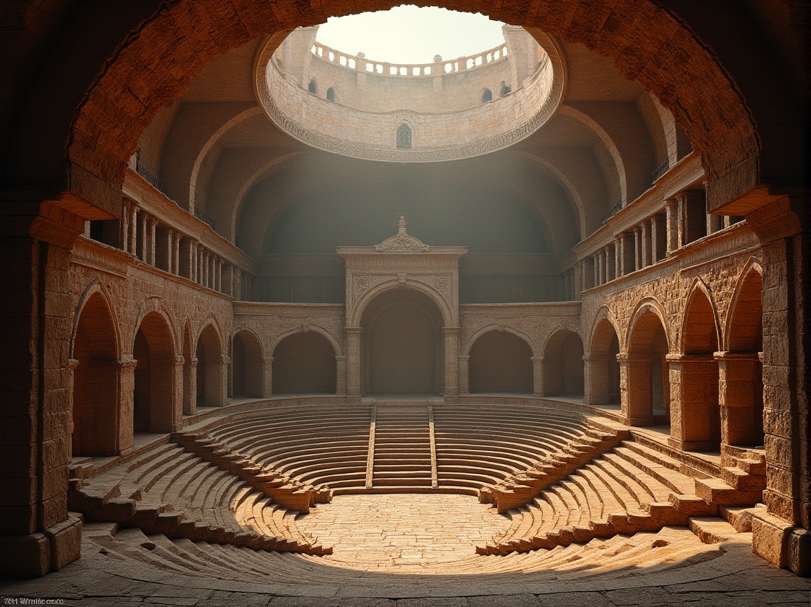 Prompt: Ancient Romanesque amphitheater, elliptical shape, stone and brick construction, tiered seating, ornate arches, monumental entrance gates, rustic stone walls, grand staircase, vaulted ceilings, dramatic spotlights, warm golden lighting, 1/1 composition, symmetrical view, high dynamic range, detailed textures, ambient occlusion.Please let me know if this meets your requirements!