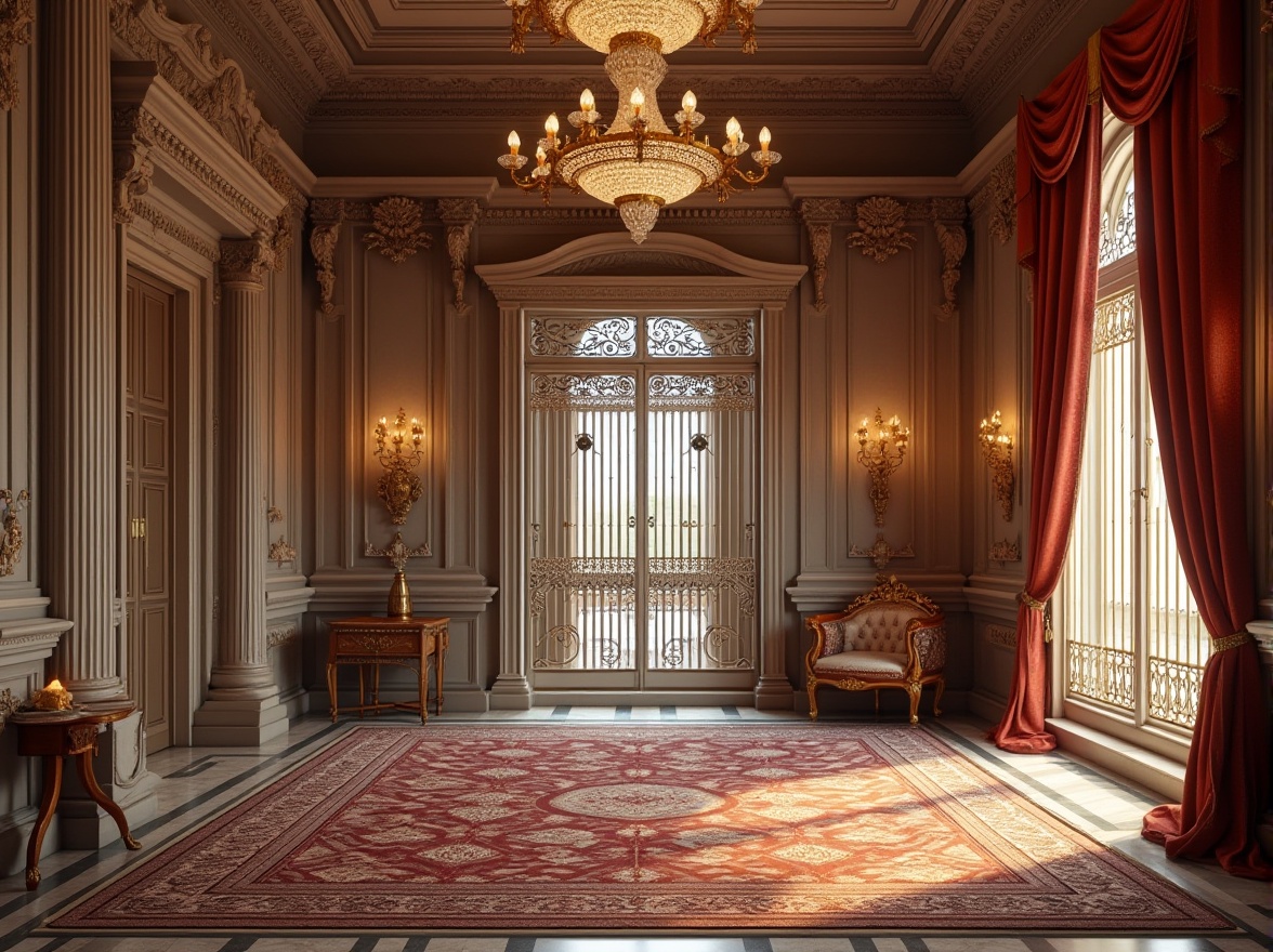 Prompt: Ornate classicist building facade, intricately carved stone walls, polished marble columns, ornamental metal gates, lavish velvet drapes, richly patterned rugs, antique wooden furniture, gilded frames, opulent crystal chandeliers, soft warm lighting, shallow depth of field, 1/1 composition, realistic textures, ambient occlusion.