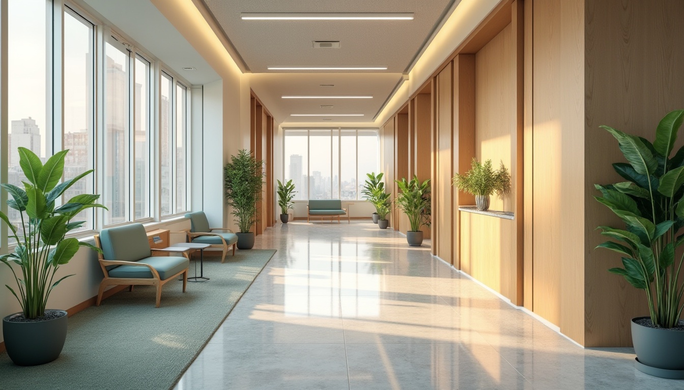 Prompt: Soothing hospital corridors, calming color schemes, natural wood accents, comfortable waiting areas, ergonomic furniture, abundant greenery, warm lighting, acoustic ceiling panels, minimalist decor, spacious reception desks, private patient rooms, large windows, serene city views, soft carpeting, gentle curves, harmonious textures, shallow depth of field, 2/3 composition, realistic renderings, ambient occlusion.