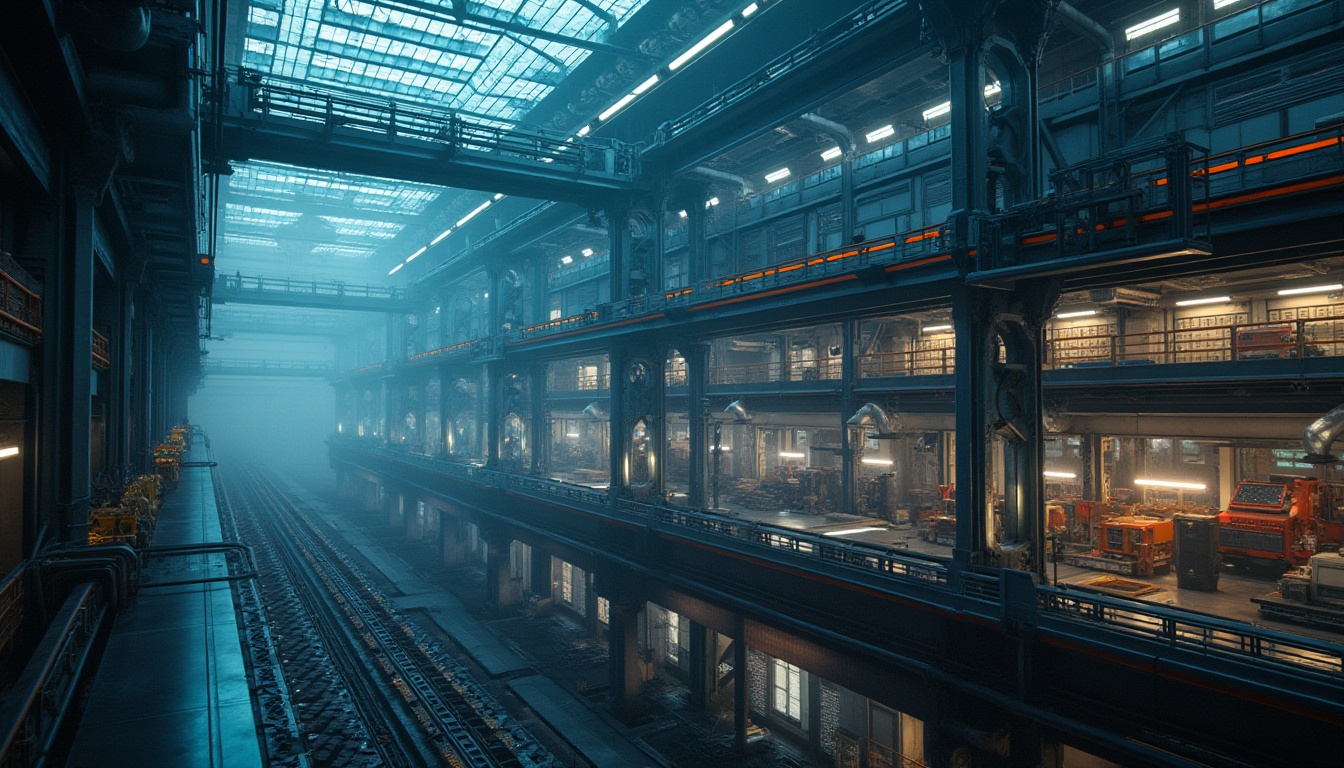 Prompt: Industrial factory, metallic facade, futuristic architecture, neon lights, steel beams, exposed ductwork, urban landscape, cityscape, foggy atmosphere, dramatic lighting, low-angle shot, cinematic composition, high-tech materials, LED screens, geometric patterns, parametric design, robotic assembly lines, mechanical equipment, transparent roofs, clerestory windows, minimalist interior, functional aesthetics, bold color scheme, abstract textures, ambient occlusion.