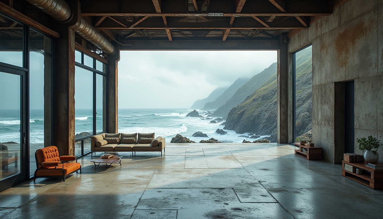 Prompt: Rugged coastline, crashing ocean waves, salty sea air, weathered steel structures, rusted metal textures, industrial aesthetic, brutalist architecture, exposed ductwork, polished concrete floors, reclaimed wood accents, nautical-themed decor, functional minimalism, open-plan living spaces, floor-to-ceiling glass windows, panoramic ocean views, dramatic natural lighting, low-angle photography, atmospheric misting, 1/1 composition, cinematic mood.