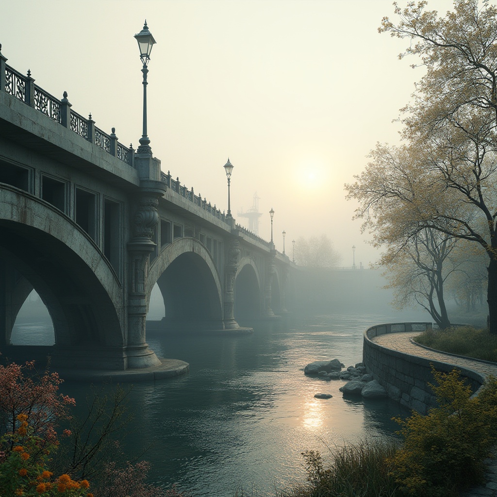 Prompt: Elegant vehicular bridges, archaic stone pillars, ornate metal railings, rustic wooden accents, vintage lamp posts, misty foggy atmosphere, soft warm lighting, shallow depth of field, 3/4 composition, panoramic view, realistic textures, ambient occlusion, subtle water reflections, gentle river flow, lush greenery, vibrant flowers, natural stone walkways, modern architecture, sleek lines, minimalist design, innovative engineering solutions.