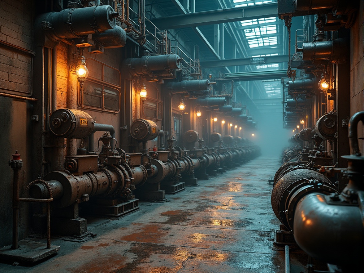 Prompt: Rusty industrial pipes, distressed metallic surfaces, worn concrete floors, exposed brick walls, futuristic machinery, neon-lit control panels, steel catwalks, overhead cranes, sleek aluminum frames, metallic mesh fabrics, reflective chrome accents, LED strip lighting, foggy atmospheric effects, shallow depth of field, 2/3 composition, cinematic mood, realistic rust textures, ambient occlusion.