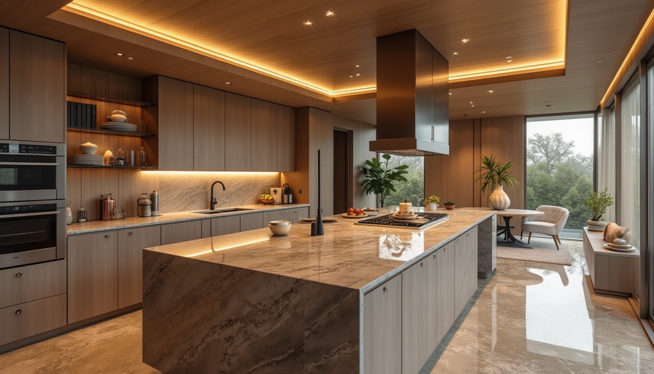 Prompt: Luxurious interior design, polished granite countertops, elegant kitchen island, high-gloss cabinetry, sophisticated lighting fixtures, modern architectural style, sleek lines, minimalist decor, warm earthy tones, natural textures, ambient occlusion, shallow depth of field, 3/4 composition, realistic rendering.