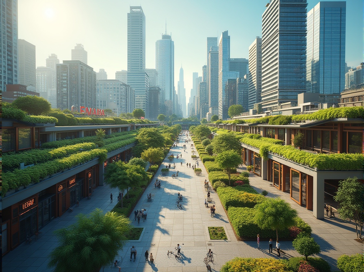 Prompt: Vibrant cityscape, modern high-rise buildings, green roofs, rooftop gardens, urban parks, pedestrian walkways, cycling paths, street furniture, public art installations, eclectic street performers, sunny day, warm natural light, shallow depth of field, 3/4 composition, panoramic view, realistic textures, ambient occlusion.