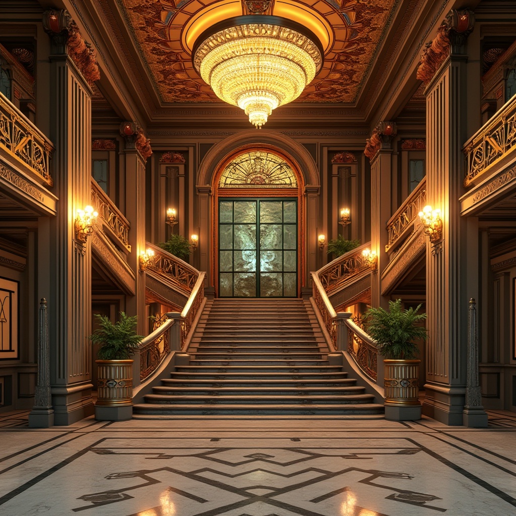 Prompt: Opulent Art Deco building, ornate metallic details, luxurious chandeliers, grand staircases, lavish lighting fixtures, geometric patterns, bold color schemes, metallic accents, lavish sconces, intricate moldings, beveled glass doors, polished marble floors, lavish crystal drops, soft warm glow, low-key lighting, dramatic spotlights, ambient occlusion, high-contrast ratios, ornate metalwork, luxurious textiles, vibrant jewel tones.