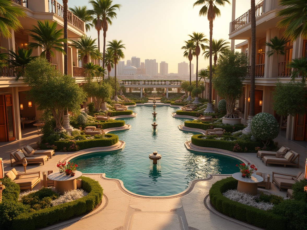 Prompt: Geometric gardens, ornate fountains, vibrant tropical plants, curved pathways, symmetrical hedges, luxurious outdoor furniture, metallic accents, bold color schemes, ornamental lamps, Deco-inspired sculptures, grand entrance gates, sun-kissed terraces, panoramic city views, warm golden lighting, shallow depth of field, 1/1 composition, realistic textures, ambient occlusion.