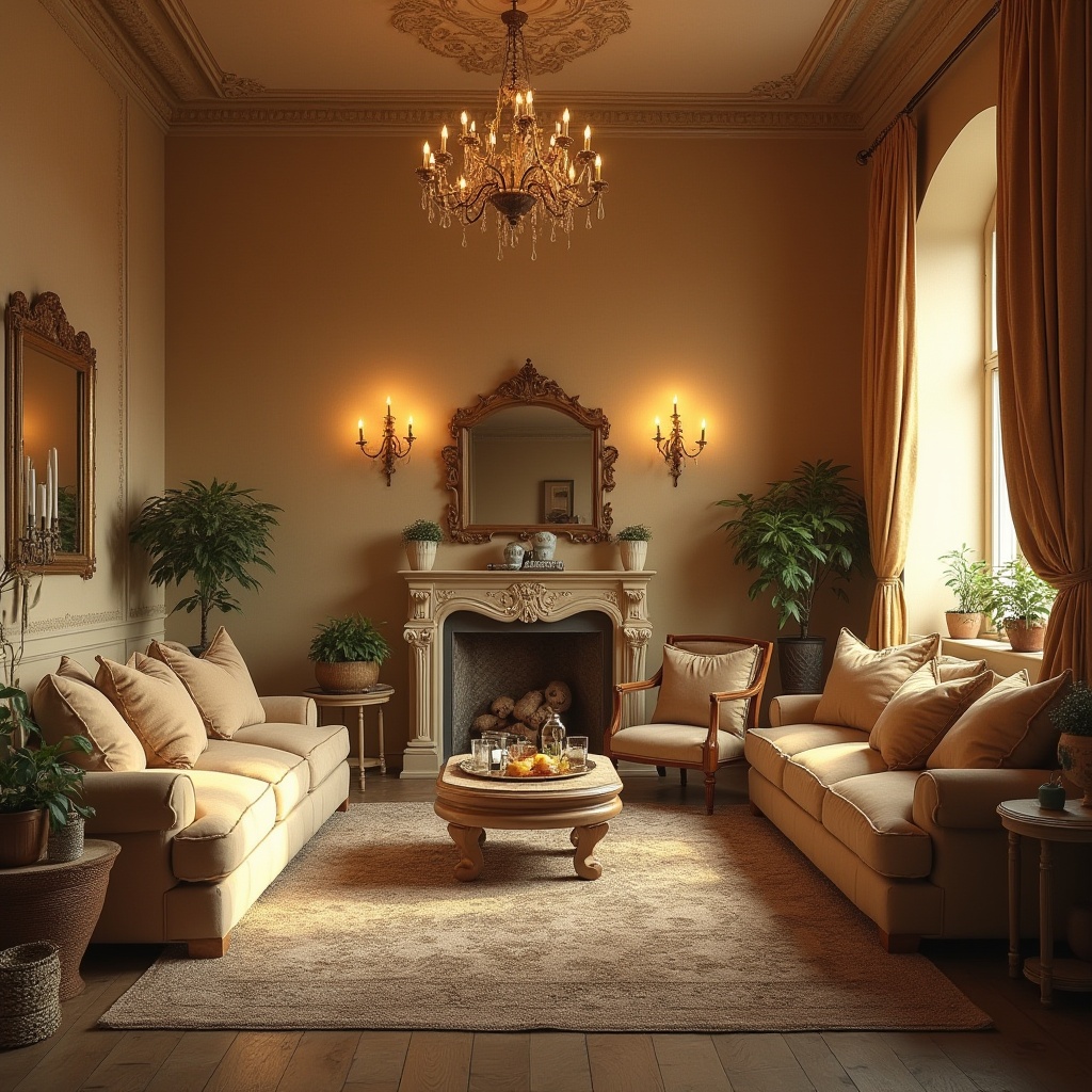 Prompt: Richly textured fabrics, luxurious upholstery, warm beige walls, soft golden lighting, cozy atmosphere, inviting spaces, comfortable furniture, earthy tones, natural materials, woven baskets, vintage decor, distressed wood accents, ornate mirrors, elegant chandeliers, subtle patterns, calming ambiance, serene mood, 3/4 composition, shallow depth of field, warm color harmony, analogous colors, monochromatic scheme.