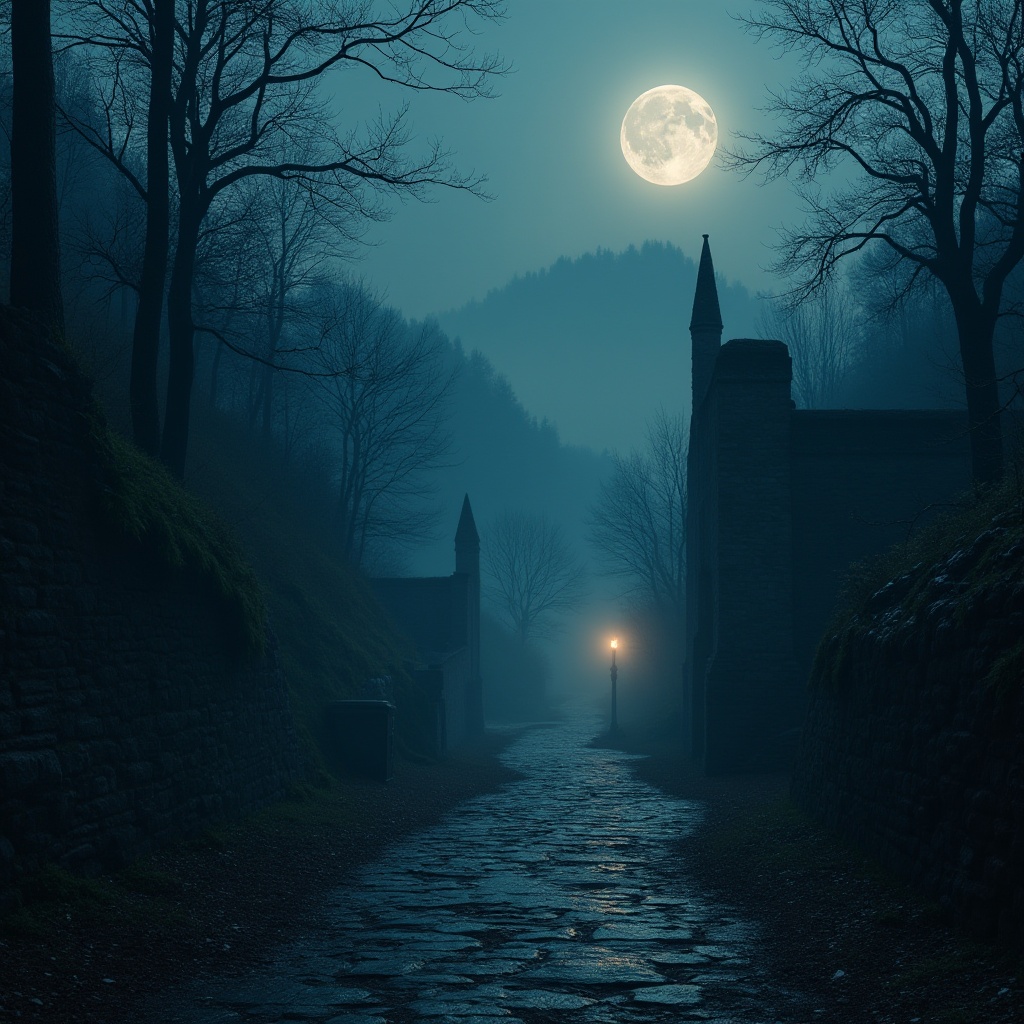 Prompt: Moody atmospheric scenery, dark mysterious forests, misty foggy mountains, ancient castle ruins, worn stone walls, mystical moonlit nights, eerie abandoned alleys, Prussian blue dominant color scheme, rich velvety textures, subtle golden accents, dramatic chiaroscuro lighting, shallow depth of field, 1/1 composition, cinematic realism, atmospheric perspective.