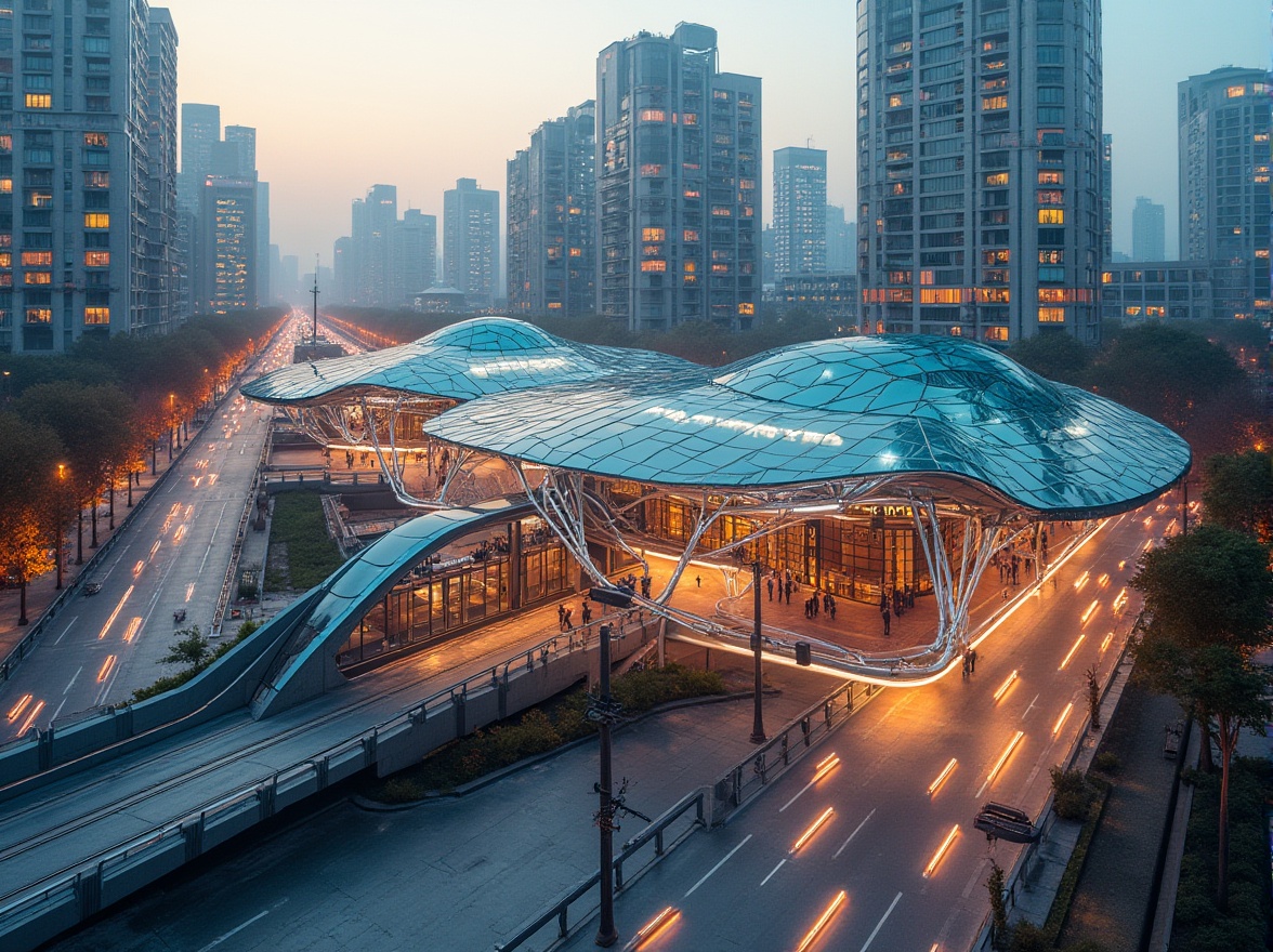 Prompt: Futuristic tram station, curved glass fa\u00e7ade, dynamic LED lighting, sleek metal frameworks, angular lines, modern minimalist design, sustainable energy solutions, solar panels, green roofs, eco-friendly materials, vibrant colorful patterns, intricate geometric motifs, urban cityscape, busy streets, morning rush hour, soft warm lighting, shallow depth of field, 3/4 composition, panoramic view, realistic textures, ambient occlusion.