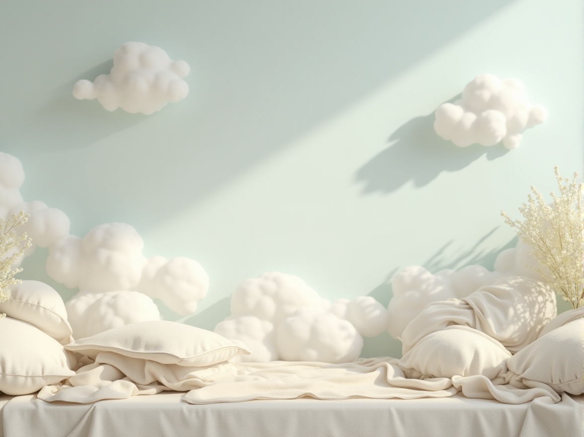 Prompt: Soft baby blue hues, calming atmosphere, gentle lighting, creamy whites, warm beige tones, pastel color scheme, delicate patterns, subtle textures, minimalist design, simple shapes, rounded edges, soothing ambiance, peaceful environment, cloud-like formations, airy feel, natural fabrics, soft furnishings, cozy nooks, serene landscapes, fluffy clouds, warm sunny day, shallow depth of field, 1/1 composition, realistic renderings, ambient occlusion.