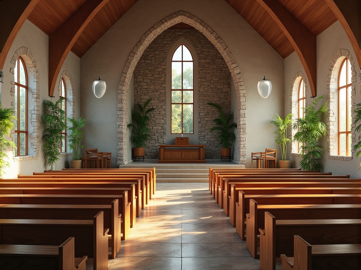 Prompt: Rustic church exterior, natural stone fa\u00e7ade, reclaimed wood accents, stained glass windows, solar panels, green roofs, eco-friendly materials, minimalist interior design, vaulted ceilings, wooden pews, serene ambiance, soft warm lighting, shallow depth of field, 3/4 composition, panoramic view, realistic textures, ambient occlusion.