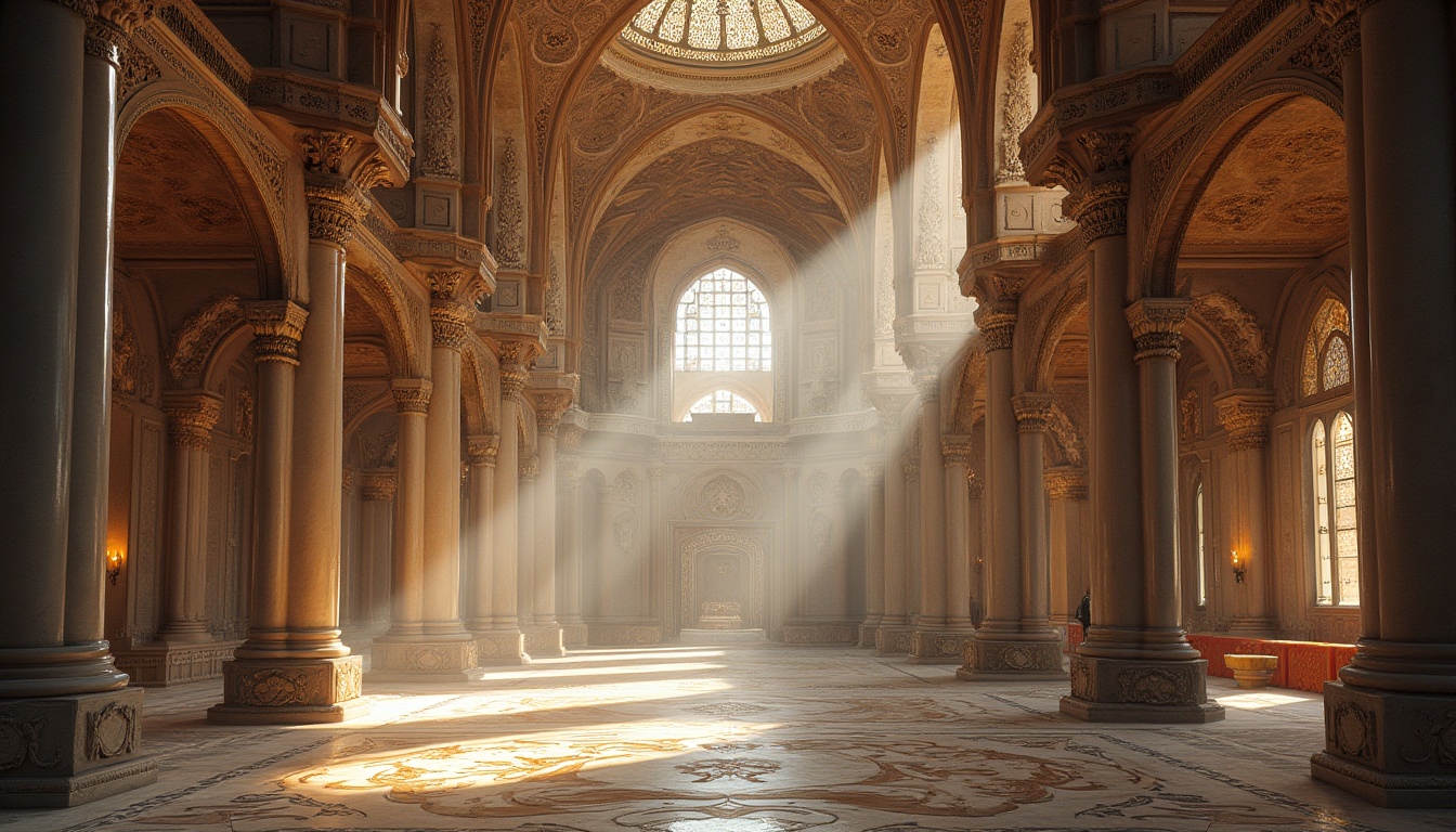 Prompt: Intricate stone carvings, ornate domes, grandiose archways, vaulted ceilings, stained glass windows, majestic pillars, sacred symbols, Gothic spires, Byzantine mosaics, Islamic geometric patterns, Hindu figurative sculptures, Buddhist statues, serene water features, peaceful courtyards, natural light filtering, warm golden lighting, dramatic shadows, 3/4 composition, symmetrical framing, ornate metalwork, intricate wood carvings, devotional artifacts.