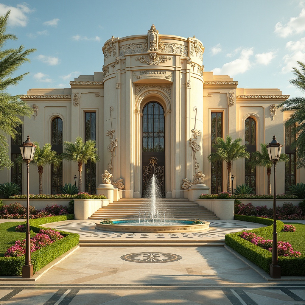 Prompt: Courthouse, Art Deco style, symmetrical fa\u00e7ade, ornate metalwork, geometric patterns, lavish fountain, manicured lawns, vibrant flower beds, sculpted hedges, grand staircases, elegant lamp posts, bronze statues, ornamental iron gates, imposing columns, dramatic archways, warm beige stone walls, rich greenery, sunny day, soft warm lighting, shallow depth of field, 3/4 composition, panoramic view, realistic textures, ambient occlusion.